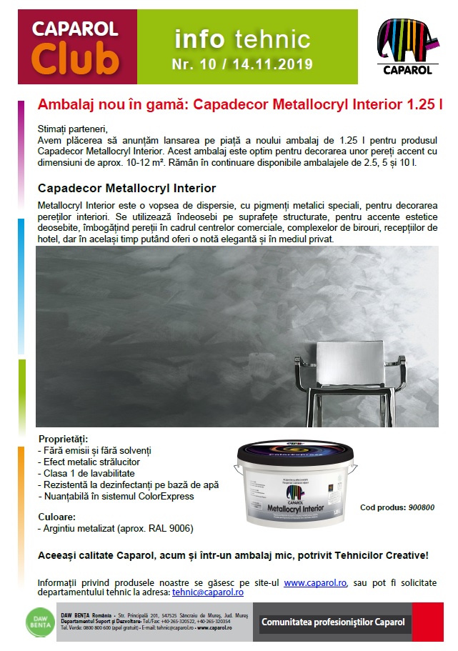 Ambalaj nou în gamă: Capadecor Metallocryl Interior 1.25 l