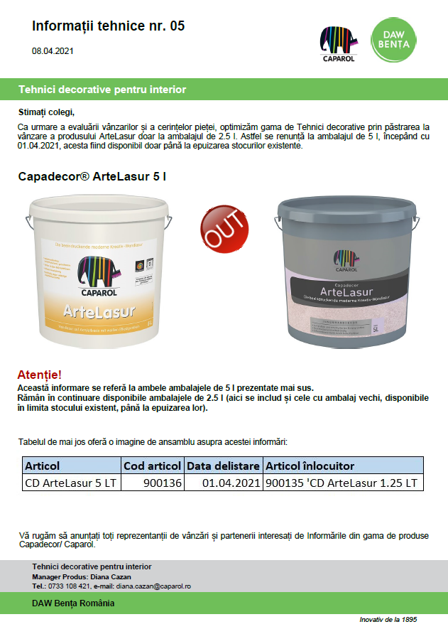 Informare delistare ambalaj 5 l ArteLasur