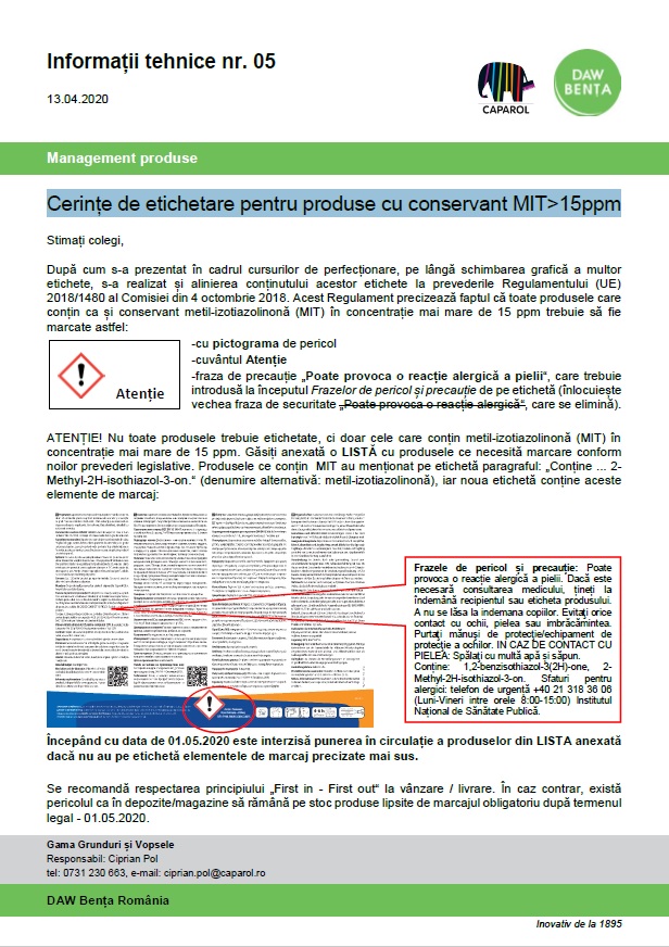 Cerințe de etichetare pentru produse cu conservant MIT>15ppm
